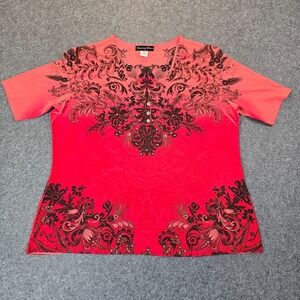Appropriate Behavior Top Womens 2XL (20) Red Floral Rhinestone Casual V Neck